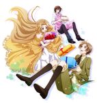  2boys alternate_costume apron bad_id bad_pixiv_id black_hair blue_eyes bouquet brown_hair cake code_geass dress floating flower food formal gift lelouch_lamperouge long_hair multiple_boys nunnally_lamperouge open_mouth purple_eyes rolo_lamperouge sagari24 short_hair smile 