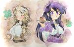  2girls :d :o ^_^ ayra_(fire_emblem) black_hair blonde_hair blush closed_eyes clover commentary_request fire_emblem fire_emblem:_genealogy_of_the_holy_war fire_emblem:_three_houses food four-leaf_clover highres holding holding_plate holding_teapot long_hair looking_at_viewer maid_headdress mercedes_von_martritz multiple_girls nukunukuhigepen plate purple_eyes smile teapot traditional_media upper_body 