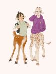  2boys ahoge animal_ears backpack bag black_bag black_eyes blonde_hair brown_hair centauroid chengongzi123 closed_mouth commentary deer_boy deer_ears deer_tail facing_viewer full_body giraffe_boy giraffe_ears giraffe_horns giraffe_tail glasses green_hoodie haikyuu!! hand_in_pocket hand_up hands_up highres hood hood_down hoodie hooves horns jacket long_sleeves looking_at_viewer male_focus monster_boy monsterification multiple_boys open_mouth pink_background purple_jacket rubbing_nose short_hair simple_background standing symbol-only_commentary tail taur tsukishima_kei very_short_hair walking yamaguchi_tadashi 