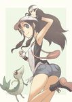  antenna_hair armpits ass bad_id bad_pixiv_id bag baseball_cap blue_eyes brown_eyes brown_hair denim denim_shorts gen_5_pokemon hat leg_up legs looking_back motofumi poke_ball pokemon pokemon_(creature) pokemon_(game) pokemon_bw ponytail short_shorts shorts smile snivy touko_(pokemon) vest waving wristband 