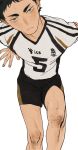  1boy absurdres akaashi_keiji black_hair black_shorts blue_eyes bruise bruise_on_leg chengongzi123 closed_mouth from_above haikyuu!! highres injury looking_at_viewer male_focus shirt short_hair shorts simple_background sitting sportswear t-shirt very_short_hair volleyball_uniform white_background 