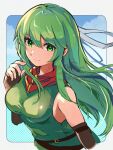  1girl bare_shoulders brown_gloves closed_mouth dress elbow_gloves fingerless_gloves fire_emblem fire_emblem:_mystery_of_the_emblem gloves green_dress green_eyes green_hair hair_between_eyes highres hirotaka_(hrtk990203) long_hair looking_at_viewer palla_(fire_emblem) sleeveless sleeveless_dress smile solo upper_body 