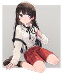  1girl black_ribbon blue_eyes blush border brown_hair closed_mouth collared_shirt grey_background hand_up long_bangs long_hair long_sleeves looking_at_viewer neck_ribbon nijisanji plaid plaid_shorts red_shorts ribbon shirt shorts sidelocks simple_background sitting smile solo sou_(tuhut) straight_hair strap_slip suspender_shorts suspenders tsukino_mito virtual_youtuber wariza white_border white_shirt 