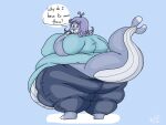 2018 4:3 anthro barefoot batspid2 belly big_belly big_breasts biped black_eyebrows black_eyelashes blue_background blue_bottomwear blue_clothing blue_eyes blue_topwear bottomwear breasts cel_shading cetacean clothing dialogue digital_drawing_(artwork) digital_media_(artwork) english_text eyebrows feet female flabby_arms full-length_portrait gaia_(batspid2) glistening glistening_eyes grey_body grey_skin hair huge_belly huge_breasts huge_thighs hyper hyper_belly hyper_hips hyper_thighs looking_at_viewer looking_back looking_back_at_viewer mammal marine morbidly_obese morbidly_obese_anthro morbidly_obese_female multicolored_body multicolored_skin obese obese_anthro obese_female overweight overweight_anthro overweight_female pants portrait purple_hair question raised_eyebrow shaded shirt signature simple_background solo standing text thick_thighs topwear two_tone_body two_tone_skin white_body white_skin