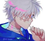  1boy bandaid bandaid_on_eye blue_eyes blue_hoodie candy close-up earrings food food_in_mouth hand_up hat_babo holding holding_candy holding_food holding_lollipop hood hood_down hoodie hunter_x_hunter jewelry killua_zoldyck lollipop looking_at_viewer male_focus portrait sideways_glance solo stud_earrings white_hair 