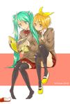  bad_id bad_pixiv_id blonde_hair bow bowtie hair_ornament hair_twirling hairclip hatsune_miku highres kagamine_rin kurashiki_(kas0) long_hair magazine multiple_girls reading school_uniform shoes shounen_jump sitting sweater thighhighs twintails uwabaki very_long_hair vocaloid 