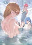  3girls aqua_hair bare_shoulders bathing blonde_hair blue_eyes blush breasts brown_eyes closed_mouth collarbone fumi_fumi_(7837224) hair_between_eyes highres large_breasts long_hair looking_at_viewer mixed-sex_bathing multiple_girls naked_towel nude onsen original outdoors partially_submerged pink_hair shared_bathing smile snow snowscape solo steam towel water wet winter 