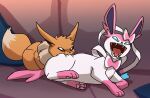  ass_biting biting blue_eyes brown_eyes check_commentary commentary commentary_request couch eevee fangs highres lying no_humans on_couch on_side open_mouth pokemon pokemon_(creature) sifyro spanish_commentary sylveon 