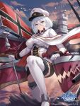  1girl azur_lane blue_eyes boots breasts capelet choker closed_mouth cloud cloudy_sky commentary_request company_connection company_name copyright_name detached_sleeves earrings flag fur_trim gloves hat highres jewelry logo long_sleeves looking_at_viewer medium_breasts military_uniform miniskirt official_art outdoors peaked_cap polearm rigging sakiyamama skirt sky sunset thigh_boots tirpitz_(azur_lane) uniform weapon white_hair zettai_ryouiki 