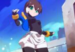  1girl aile_(mega_man_zx) black_bodysuit blue_jacket blue_sky blurry blurry_background bodysuit bodysuit_under_clothes breasts brown_hair covered_navel cowboy_shot cropped_jacket green_eyes jacket kaidou_zx looking_at_viewer mega_man_(series) mega_man_zx off_shoulder open_clothes open_jacket robot_ears short_hair shorts sky small_breasts solo white_shorts 