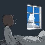  1girl blue_sky cloud commentary cumulonimbus_cloud day facing_away indoors long_sleeves messy_hair on_bed original pajamas shirt short_hair simple_bird sitting sky solo squeans umi_ha_kirai under_covers waking_up white_shirt window 