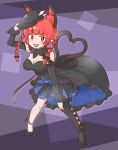  1girl :3 :d alternate_costume animal_ears black_background black_dress black_footwear black_gloves black_headwear blunt_bangs braid breasts cat_ears cat_girl cat_tail cleavage commentary commission dress elbow_gloves extra_ears fang fur_trim gloves hand_on_headwear heart heart_tail kaenbyou_rin kaenbyou_rin_(pikara_flame) leaning_forward mizusoba nekomata open_mouth pointy_ears red_eyes red_hair side_braids single_thighhigh skeb_commission smile solo tail thighhighs touhou touhou_lostword twin_braids 