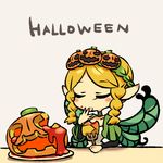  blonde_hair braid chan_co closed_eyes eating fairy food food_themed_hair_ornament fork hair_ornament halloween jack-o'-lantern licking long_sleeves mercedes odin_sphere pointy_ears puff_and_slash_sleeves puffy_sleeves pumpkin pumpkin_hair_ornament solo tongue twin_braids white_background wings 