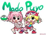  1girl 2girls amitie_(puyopuyo) aqua_shirt belt blonde_hair chibi crossover dress furiousth gloves green_bracelet green_eyes hand_on_own_hip hat holding jacket kaname_madoka magical_girl mahou_shoujo_madoka_magica multiple_girls one_eye_closed open_mouth parody pink_belt pink_dress pink_eyes pink_footwear pink_hair pink_jacket purple_socks puyo_(puyopuyo) puyopuyo red_headwear shirt short_hair short_twintails simple_background smile socks soul_gem style_parody twintails twitter_username white_background white_gloves white_socks 