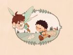  2boys ahoge ascot blue_shirt brown_eyes brown_footwear brown_hair brown_pants chengongzi123 chibi collared_shirt fairy fairy_wings flying frilled_sleeves frills haikyuu!! hands_up iwaizumi_hajime looking_at_another looking_back male_focus multiple_boys oikawa_tooru_(haikyuu!!) one_eye_closed outdoors pants running shirt shoes short_hair spiked_bat tree very_short_hair wings 