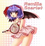  bat_wings blue_hair character_name dress fang hairband kagura_chitose panties pink_dress pink_panties polka_dot polka_dot_dress racket red_eyes remilia_scarlet short_hair solo tennis_racket touhou underwear wings 