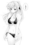  1girl araragi_ayune bikini breasts character_request cleavage copyright_request dress_shirt grey_eyes greyscale highres long_hair looking_at_viewer medium_breasts monochrome open_clothes open_shirt ponytail shirt side-tie_bikini_bottom solo standing swimsuit 