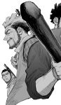  2boys arisaka beard bolt_action cropped_torso facial_hair full_beard golden_kamuy greyscale gun highres jo_tuesday19 long_sleeves looking_at_another looking_at_viewer male_focus mature_male monochrome multicolored_hair multiple_boys nihei_tetsuzou old old_man profile rifle scar scar_on_face short_hair sideways_glance simple_background smile stubble tanigaki_genjirou thick_eyebrows two-tone_hair weapon 