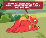 2024 animated big_butt big_macintosh_(mlp) blonde_mane bonguitoweon bottom_heavy butt dialogue equid equine feral friendship_is_magic fur grass hasbro horse humor humping looking_back lying lying_on_ground male mammal mane my_little_pony open_mouth plant pony pun rear_view red_body red_fur shaking shaking_butt solo speech_bubble tail thick_thighs tree yellow_tail