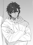  1boy :/ crossed_arms greyscale hood hoodie kise_itsuki looking_to_the_side male_focus monochrome original sketch solo upper_body 