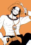  1boy arm_tattoo belt black_hair black_shorts bracelet cowboy_shot elbow_pads freckles hand_on_belt hand_on_headwear jewelry log_pose looking_down male_focus necklace one_piece orange_background orange_headwear portgas_d._ace short_hair shorts simple_background smile solo tanaka_(tanakya123) tattoo topless_male upper_body 