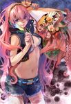  bad_id bad_pixiv_id bikini_top blue_eyes blue_nails bouquet denim denim_shorts flower lily_(flower) liyin_(neptune) long_hair megurine_luka midriff nail_polish navel octopus pink_flower pink_hair pink_rose rose shorts smile solo very_long_hair vocaloid yellow_flower yellow_rose 