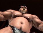 2024 3d_(artwork) 9:7 anthro bear beard biceps black_clothing black_hair black_underwear braford brown_bear brown_nose clothed clothing digital_media_(artwork) facial_hair hair low-angle_view male mammal meme musclegut muscular muscular_anthro muscular_male navel nipples on_stage open_mouth pec_pov_meme pecs sarge_(braford) smile solo underwear underwear_only ursine