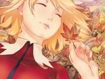  aki_shizuha autumn_leaves blonde_hair closed_eyes lips minazuki_isami nail_polish pink_nails realistic short_hair solo touhou 