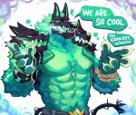 3_heads absurd_res anthro artist_name bottomwear breath canid canid_demon canine cerberus_(fortnite) chain chain_around_arm chest_tuft clothed clothing colorful colorful_background demon dialogue epic_games european_mythology fluffy fortnite fungiteh glowing glowing_eyes greek_mythology green_body green_nose hellhound hi_res male mammal multi_head muscular muscular_anthro muscular_male mythological_canine mythological_creature mythology pants pecs pubes pubes_exposed solo speech_bubble star tail topless tuft wristband