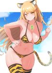  1girl animal_ear_fluff animal_ears animal_print bare_shoulders bikini blonde_hair blue_sky blush border breasts cleavage cloud commentary_request core_crystal_(xenoblade) fake_animal_ears fake_tail glowing groin highres kamidan large_breasts leopard_print letterboxed long_hair looking_at_viewer mythra_(xenoblade) navel outside_border skindentation sky solo swimsuit tail thighhighs v-shaped_eyebrows white_border xenoblade_chronicles_(series) xenoblade_chronicles_2 yellow_bikini yellow_eyes yellow_thighhighs 
