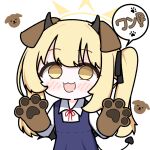  1girl animal_background animal_ears animal_hands black_ribbon black_wings blonde_hair blue_archive blue_dress brown_gloves chibi collared_shirt demon_girl demon_horns demon_tail dog_ears dress gloves hair_ribbon halo hands_up highres horns ibuki_(blue_archive) long_hair looking_at_viewer low_wings mora_(moragooyoo) no_nose open_mouth paw_gloves red_ribbon ribbon shirt smile solo tail translated twintails upper_body white_shirt wings yellow_eyes yellow_halo 