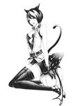  animal_ears bare_shoulders belt breasts cat_ears cat_tail cleavage final_fantasy final_fantasy_xiv full_body gloves greyscale medium_breasts miqo'te monochrome short_shorts shorts sitting solo sousou_(sousouworks) tail thighhighs 