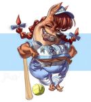 anthro baseball_uniform blue_clothing braces breasts canid canine chicken_little_(2005) clothed clothing disney female fox foxy_loxy_(2005) hi_res mammal pigtails short_stack simple_background smile solo sportswear under_boob uniform