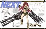  absurdres arnage_of_huckebein character_sheet ec_divider_code-718 gatling_gun goggles goggles_on_head grin gun highres huge_weapon jewelry kurogin lyrical_nanoha mahou_senki_lyrical_nanoha_force midriff necklace red_hair rocket_launcher shorts smile tattoo translation_request vest weapon 