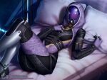  1girl alien black_bodysuit bodysuit english_commentary fewer_digits grabbing helmet hood hood_up lying mass_effect_(series) mass_effect_3 on_bed paid_reward_available pillow quarian signature solo tali&#039;zorah themaestronoob web_address 