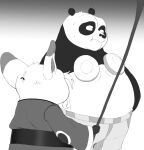 ailurid angry anthro asian_clothing bear belly bodily_fluids bottomwear clothing cross-popping_vein dreamworks duo east_asian_clothing giant_panda hi_res humor hypnokoo japanese_clothing kimono kung_fu_panda male mammal master_po_ping master_shifu nervous overweight red_panda shorts sweat