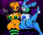 animatronic anthro avian big_breasts bird breasts chicken duo ear_piercing ear_ring electronics female five_nights_at_freddy&#039;s five_nights_at_freddy&#039;s_2 galliform gallus_(genus) green_eyes headphones headphones_around_neck lagomorph leporid machine mammal nipple_piercing nipple_tape nipples pasties phasianid piercing rabbit ring_piercing robot scottgames stormkinght tape thick_thighs toy_bonnie_(fnaf) toy_chica_(fnaf)