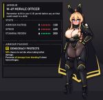  absurdres ahoge animal_ears arm_armor armor armored_boots black_pantyhose blonde_hair blue_eyes blush boots braid breasts bright_pupils cape english_text fake_animal_ears fishnet_pantyhose fishnets gameplay_mechanics hair_between_eyes helldivers_(series) high_heel_boots high_heels highres indie_virtual_youtuber large_breasts limebreaker long_bangs looking_at_viewer mole mole_under_eye pantyhose pauldrons playboy_bunny shoulder_armor single_braid thigh_boots whiskey_project white_pupils 