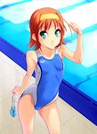  arena_(company) breasts competition_swimsuit covered_nipples goggles goggles_removed green_eyes headband kimi_ga_nozomu_eien norizou_type-r one-piece_swimsuit orange_hair pool poolside refraction short_hair small_breasts solo suzumiya_akane swim_cap swimsuit 