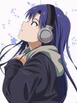  1girl black_jacket blue_hair blush brown_eyes flat_chest from_side headphones hood hood_down idolmaster idolmaster_(classic) idolmaster_million_live! idolmaster_million_live!_theater_days jacket kisaragi_chihaya long_hair long_sleeves looking_at_another looking_up musical_note parted_lips solo takatsuki_p white_background 