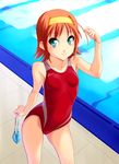 asics breasts competition_swimsuit covered_nipples goggles goggles_removed green_eyes headband kimi_ga_nozomu_eien norizou_type-r one-piece_swimsuit orange_hair pool poolside refraction short_hair small_breasts solo suzumiya_akane swim_cap swimsuit 