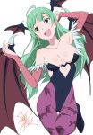  1girl :d ahoge animal_print aqua_eyes bare_shoulders bat_print bat_wings black_leotard blue_eyes blush breasts bridal_gauntlets cleavage clothing_cutout collarbone cosplay covered_navel demon_girl fangs green_hair head_wings heart_cutout highres idolmaster idolmaster_million_live! leotard long_hair looking_at_viewer medium_breasts morrigan_aensland morrigan_aensland_(cosplay) open_mouth pantyhose print_pantyhose purple_pantyhose purple_wings shimabara_elena signature simple_background smile solo taku1122 teeth thigh_gap vampire_(game) white_background wings 