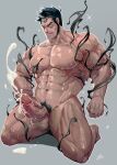 1boy bara blush cum highres horns kneeling muscular muscular_male nipples non-web_source sanat_kumara_(housamo) sweat tokyo_afterschool_summoners 