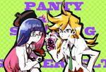  beret blonde_hair blue_eyes glasses grin hat labcoat long_hair multicolored_hair multiple_girls necktie panty_&amp;_stocking_with_garterbelt panty_(psg) shinoasa skull_and_crossbones smile stocking_(psg) stuffed_toy two-tone_hair 