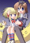  2000s_(style) 2girls :d animal_on_head black_cat black_thighhighs blonde_hair blue_dress blue_eyes bow bowtie cat cat_on_head closed_mouth crescent_moon dress fangs hair_between_eyes hand_on_another&#039;s_arm hand_on_another&#039;s_head juliet_sleeves kikkawa_(citrus_fruits) loli_ruri long_sleeves lude_(ragnarok_online) moon multiple_girls on_head open_mouth pointy_ears priest_(ragnarok_online) puffy_sleeves purple_eyes ragnarok_online red_bow red_bowtie short_hair sitting sleeve_cuffs slit_pupils smile socks star_(sky) striped_clothes striped_socks thighhighs zettai_ryouiki 