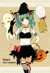  bad_id bad_pixiv_id bow bracelet brown_background candy flower food garter_straps ghost gloves green_eyes green_hair hair_flower hair_ornament halloween hand_on_hip happy_halloween hat hatsune_miku head_tilt izumi_taiga jewelry lollipop long_hair midriff navel necklace smile solo thighhighs twintails vocaloid witch_hat 