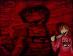  blood braids brown_hair dark knife madotsuki red_eyes wink yume_nikki 