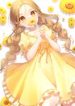  1girl absurdres blush braid brown_hair covering_own_mouth dress flower frilled_dress frills highres holding holding_flower long_hair lying meronnpannpi on_back original short_sleeves solo sunflower twin_braids very_long_hair yellow_eyes 
