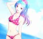  bad_id bad_pixiv_id bikini blue_hair brown_eyes earrings idolmaster idolmaster_(classic) jewelry kisaragi_chihaya klemme long_hair polka_dot polka_dot_bikini polka_dot_swimsuit ponytail solo swimsuit 