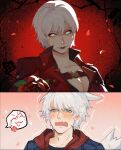  1boy 1girl age_difference aunt_and_nephew blue_eyes blush breasts cleavage coat dante_(devil_may_cry) devil_may_cry_(series) devil_may_cry_4 embarrassed flower genderswap genderswap_(mtf) highres holding jacket lipstick makeup male_focus mature_female nero_(devil_may_cry) open_mouth red_coat red_flower red_lips red_rose rose smile trench_coat uncle_and_nephew white_hair 